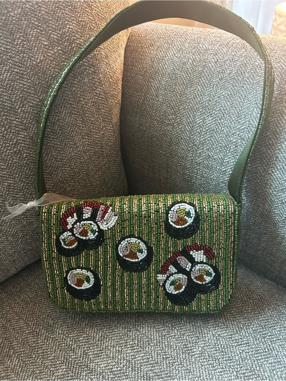 Hand-Beaded Green Sushi Motif Shoulder Bag